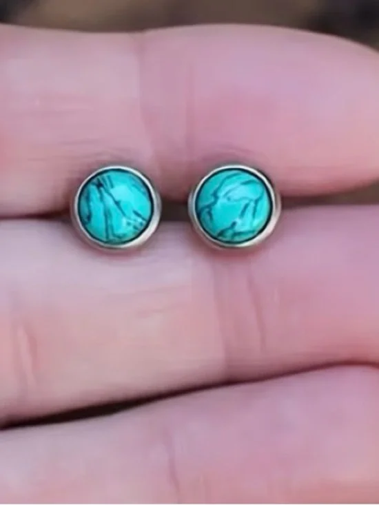 Sterling Silver Turquoise Stone Stud Earrings - Picture 3 of 4